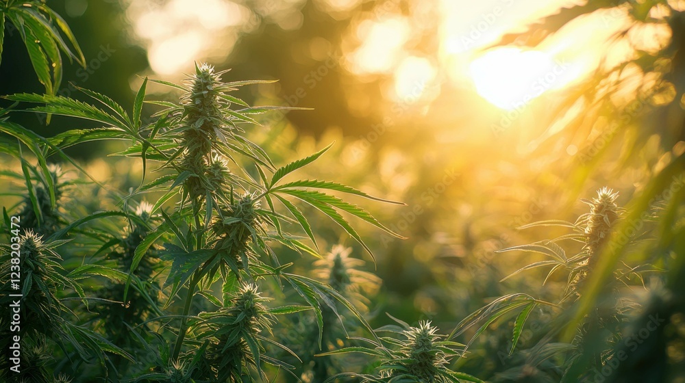 Naklejka premium Lush Cannabis Plants Bathed in Golden Sunset Light Over Fields