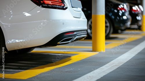 Wallpaper Mural A close-up view of a parked car's rear in a parking garage with yellow lines and a pole. Torontodigital.ca