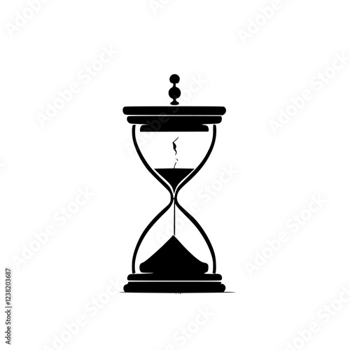 Broken Hourglass: A Symbol of Time's Passage and Fragility.  A minimalist black and white design representing the ephemeral nature of existence and the concept of time's relentless march.