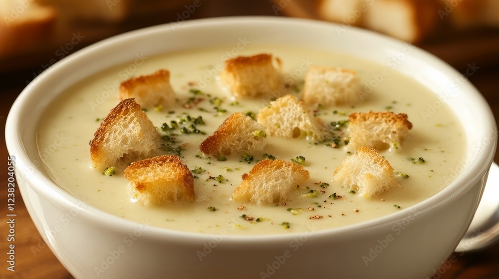 A bowl of croutons and creamy broccoli soup A bowl of croutons and creamy broccoli soup