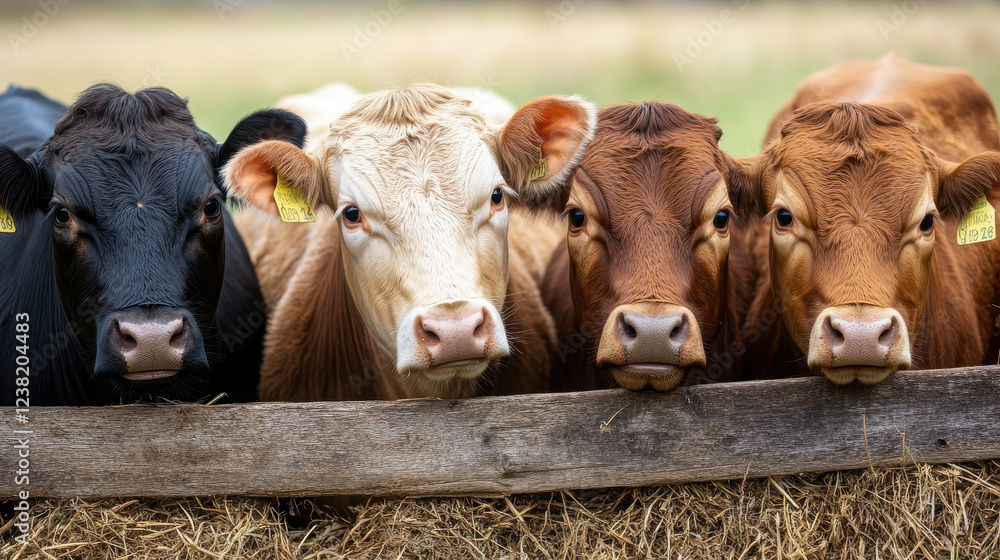 A group of four cows standing together in a farm setting. A group of four cows standing together in a farm setting.
