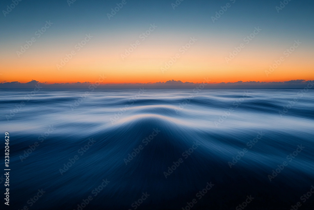 Fototapeta premium Sunset over calm ocean waters creates a serene atmosphere with vibrant colors on the horizon