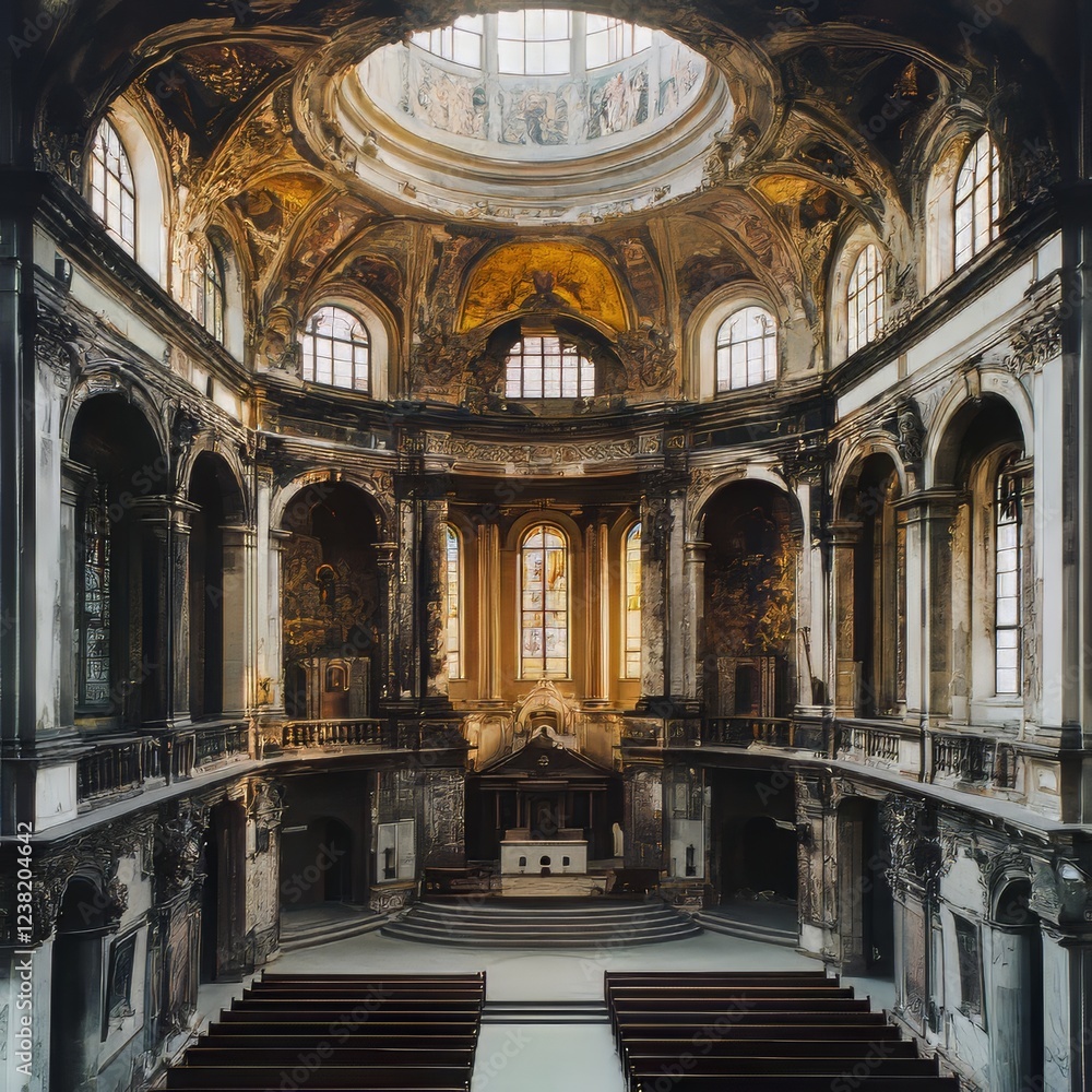 Ruined church interior, sunlight streams in. Ruined church interior, sunlight streams in.