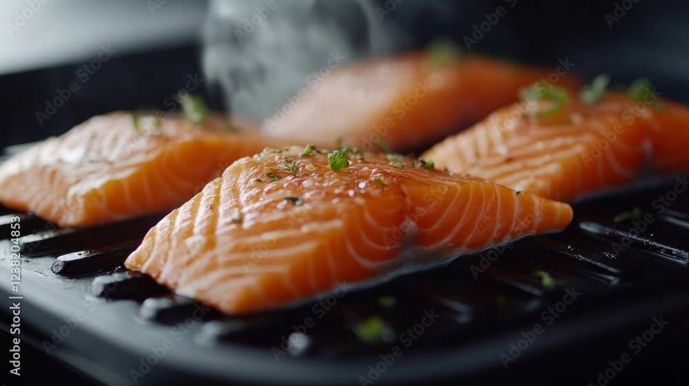 A close-up showing the delicious cooking process of salmon fillets sizzling on an electric grill A close-up showing the delicious cooking process of salmon fillets sizzling on an electric grill