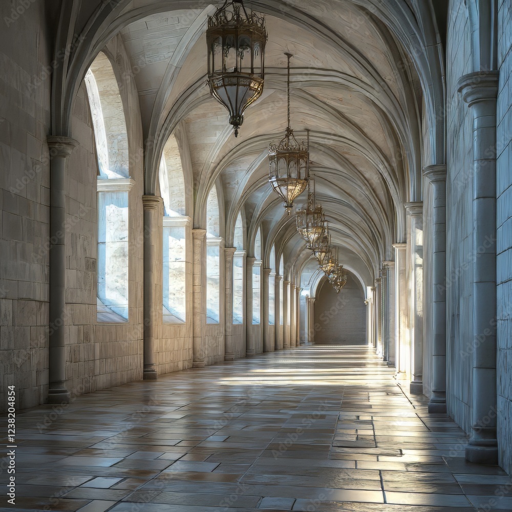 Sunlit stone hallway with arched ceiling Sunlit stone hallway with arched ceiling