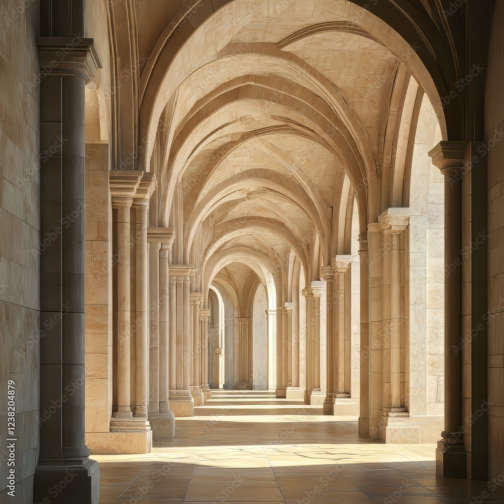 Sunlit stone colonnade, arched hallway Sunlit stone colonnade, arched hallway