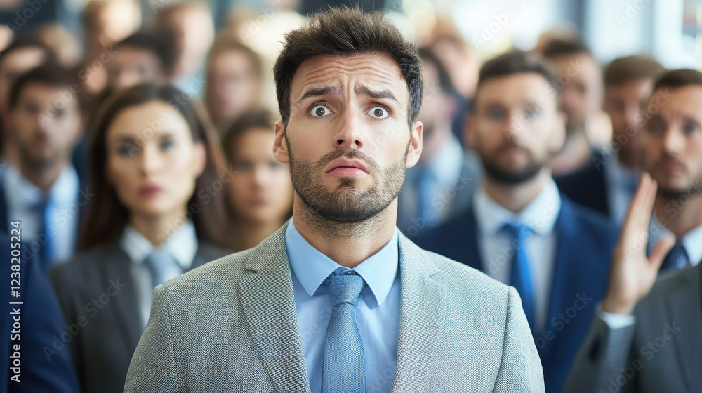 A group of people in business attire, with one man looking concerned or confused. A group of people in business attire, with one man looking concerned or confused.