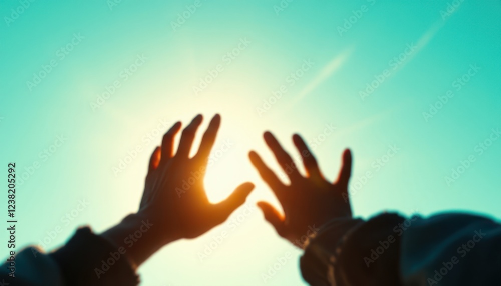 Silhouette of hands reaching towards bright sunlit sky Silhouette of hands reaching towards bright sunlit sky