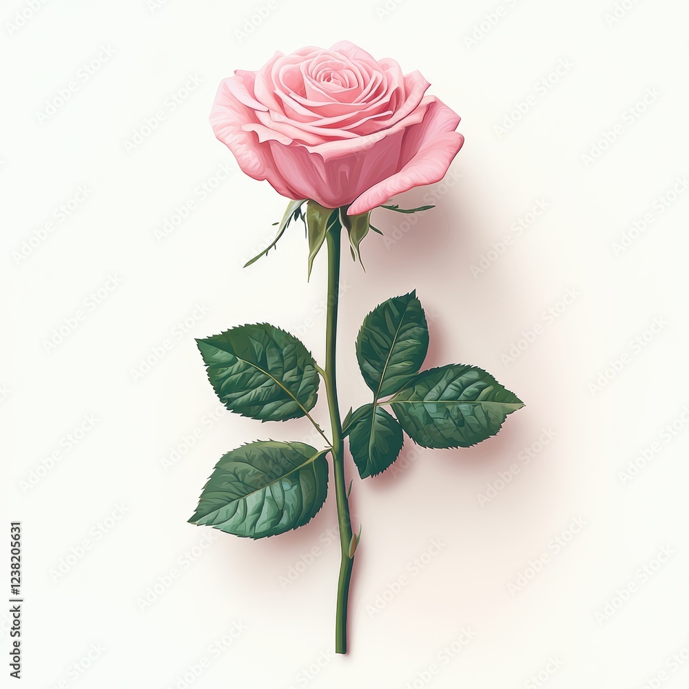 Fototapeta premium Beautiful pink rose with vibrant green leaves.