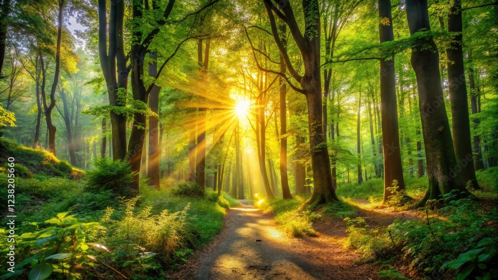 Fototapeta premium Dreamlike summer forest bathed in magical sunlight, lush greenery abounds.