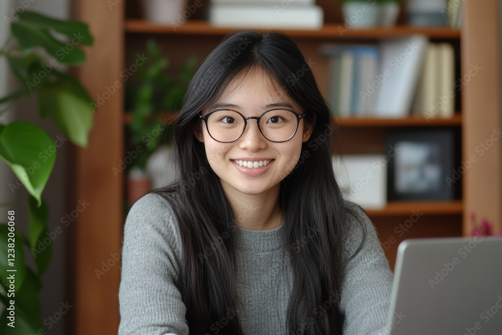 Smiling Asian Woman in a Modern Office Environment with Indoor Plants, Wearing Glasses and Casual Attire, Representing Professionalism, Productivity, and a Relaxed Workspace Smiling Asian Woman in a Modern Office Environment with Indoor Plants, Wearing Glasses and Casual Attire, Representing Professionalism, Productivity, and a Relaxed Workspace