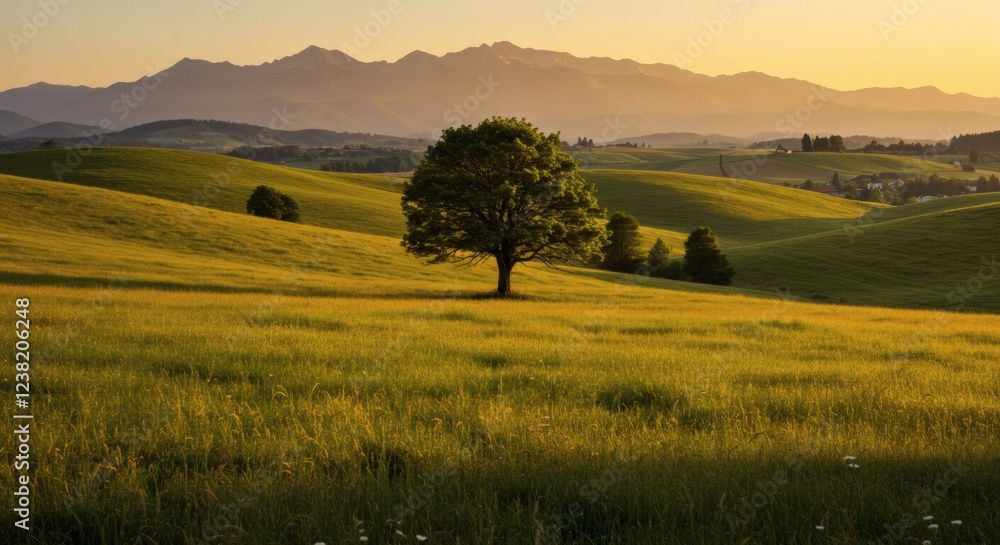 Fototapeta premium Serene Sunset Landscape Rolling Hills and Lone Tree