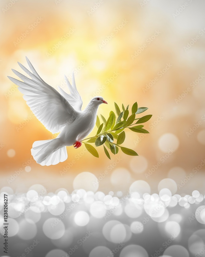 Fototapeta premium Liberation Dove Flying with Olive Branch Symbolizing Peace in Bright Sky