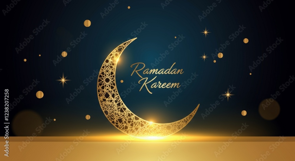 Naklejka premium Elegant golden crescent moon with Arabic calligraphy for Ramadan Kareem celebration