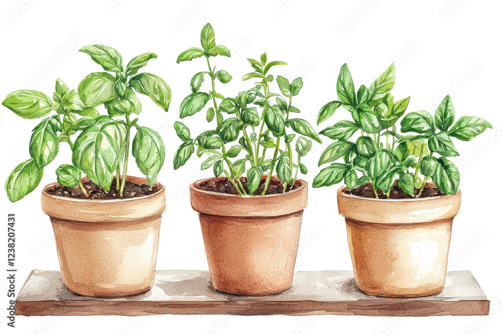 A trio of potted herbs displaying vibrant green leaves, arranged on a wooden surface. A trio of potted herbs displaying vibrant green leaves, arranged on a wooden surface.