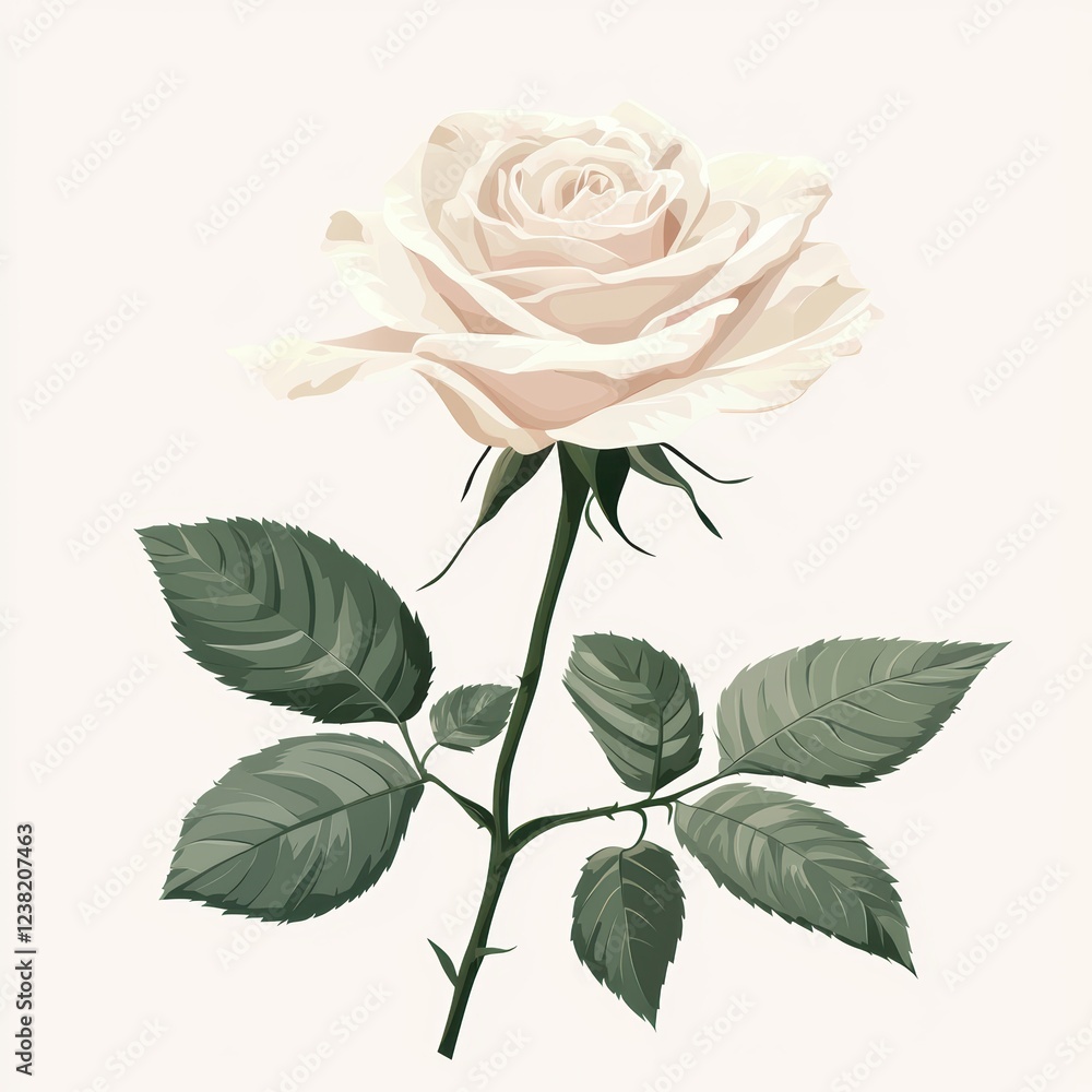 Obraz premium Elegant white rose with green leaves.