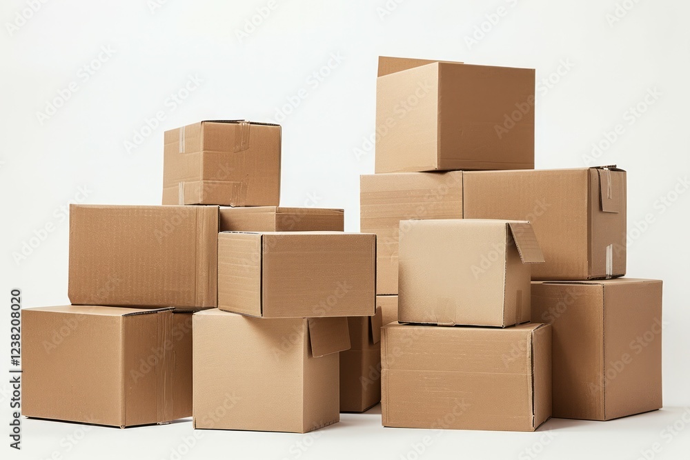 Stack of brown cardboard boxes for moving day with stuff indoors. High quality photo Stack of brown cardboard boxes for moving day with stuff indoors. High quality photo