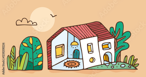Illustration style dessin animé bande-dessinée d'une maison individuelle et de son aménagement intérieur, achat de logement immobilier ou location, scène de vie dans un village à la campagne