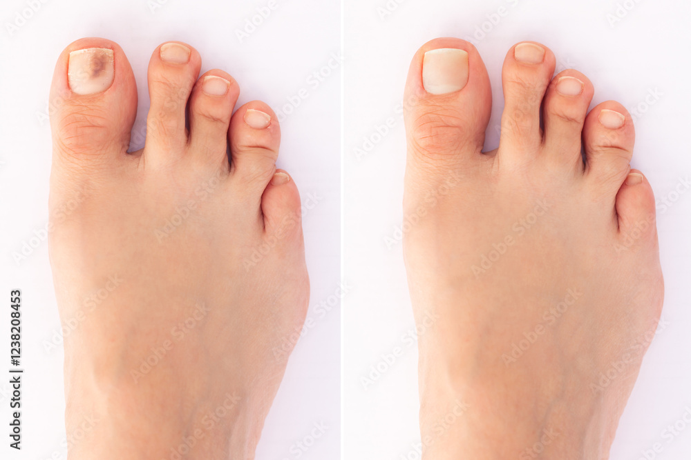 Close-up comparison of a woman's foot with a damaged nail plate on the toe and after regrowth of a healthy nail plate Close-up comparison of a woman's foot with a damaged nail plate on the toe and after regrowth of a healthy nail plate
