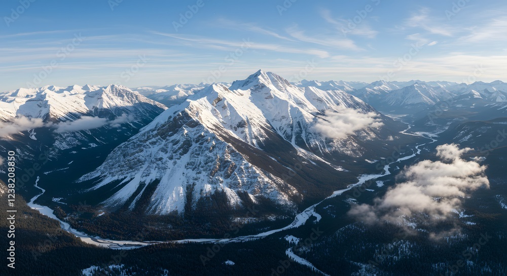Obraz premium Stunning Aerial View of Snow Covered Mountains and River Valley