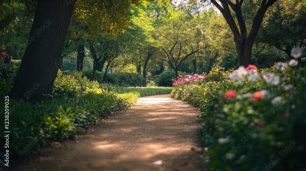 Naklejka premium path in a lush garden, surrounded by blooming flowers and trees.