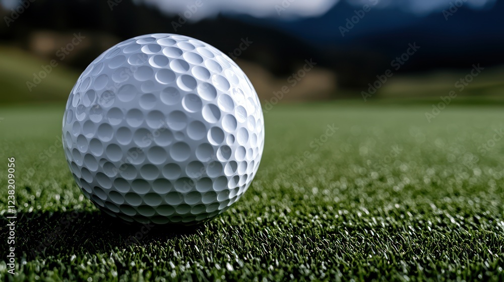 A close-up of a golf ball resting on green grass, set against a blurred landscape. A close-up of a golf ball resting on green grass, set against a blurred landscape.