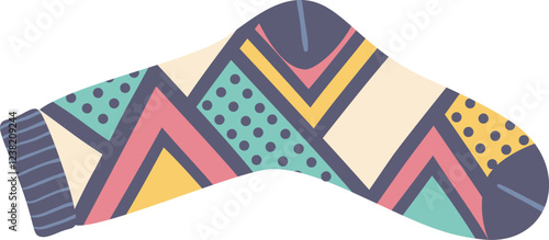 Single sock with a vibrant memphis inspired pattern showcasing geometric shapes, triangles, and polka dots on a light background creates a playful and stylish accessory photo