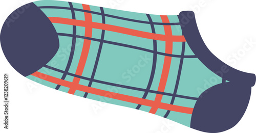 Turquoise sock with crossing orange stripes and dark blue heel and toe, isolated on white background representing fashion, winter, warmth, comfort, style and clothing