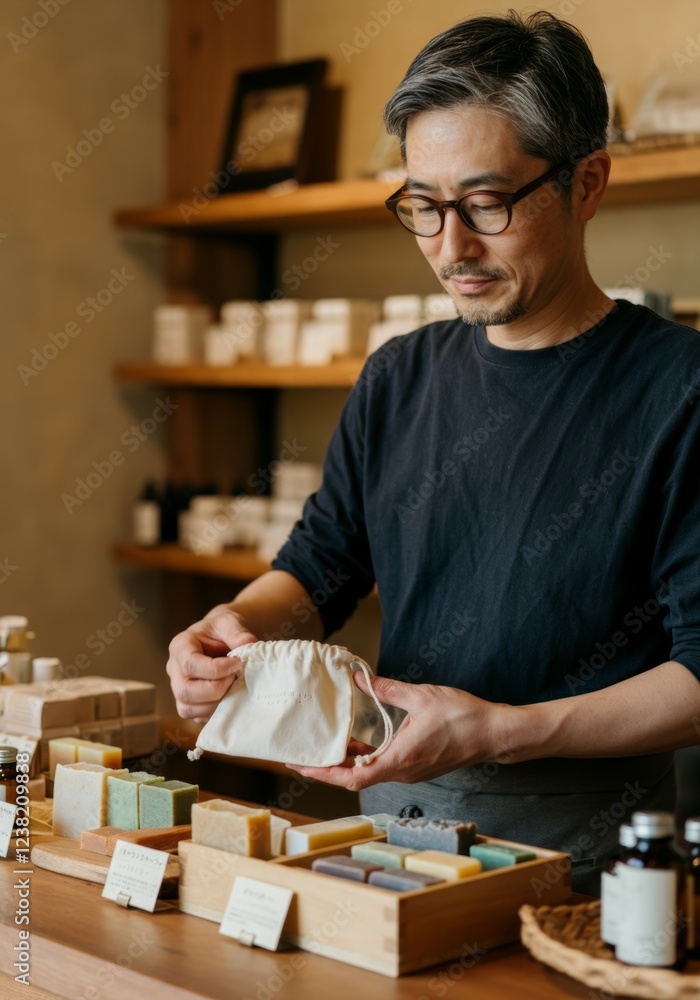 A middle-aged Japanese man in a minimalist shop arranges handcrafted soaps made from natural ingredients. A middle-aged Japanese man in a minimalist shop arranges handcrafted soaps made from natural ingredients.
