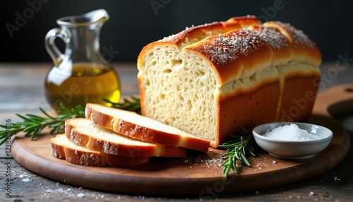 Freshly baked crusty loaf of bread sits on rustic wooden board. Slices of bread arranged next to. Jug of olive oil, bowl of sea salt also displayed on board. Rosemary sprigs add touch of natural