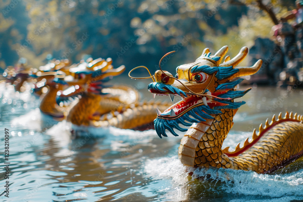 Obraz premium Beautiful holiday composition for happy celebrate chinese dragon boat festival, abstract vivid composition consists of fictional unreal fantastic vision on background