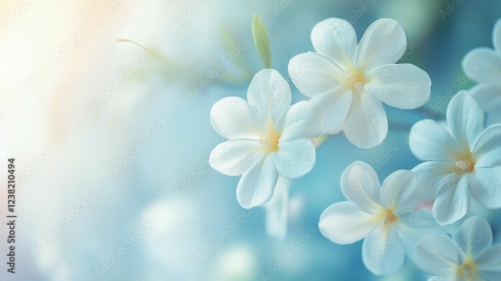 Obraz premium Delicate White Flowers on Soft Blue Background in Natural Light
