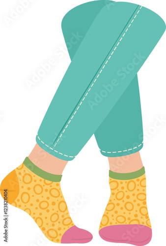 Crossed woman legs with turquoise trousers and yellow patterned socks on white background representing fashion, clothing, style, and modern trends