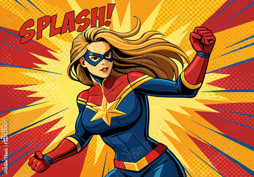 supergirl Dynamic superheroine in colorful costume striking pose with explosive comic style background
