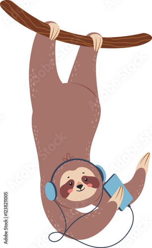 Cartoon illustration of a funny sloth hanging upside down on a tree branch, wearing headphones and listening to music on a smartphone, enjoying his leisure time