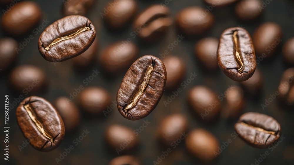 Close up Roasted coffee beans falling on heap against brown background Close up Roasted coffee beans falling on heap against brown background