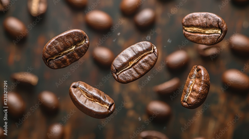 Close up Roasted coffee beans falling on heap against brown background Close up Roasted coffee beans falling on heap against brown background