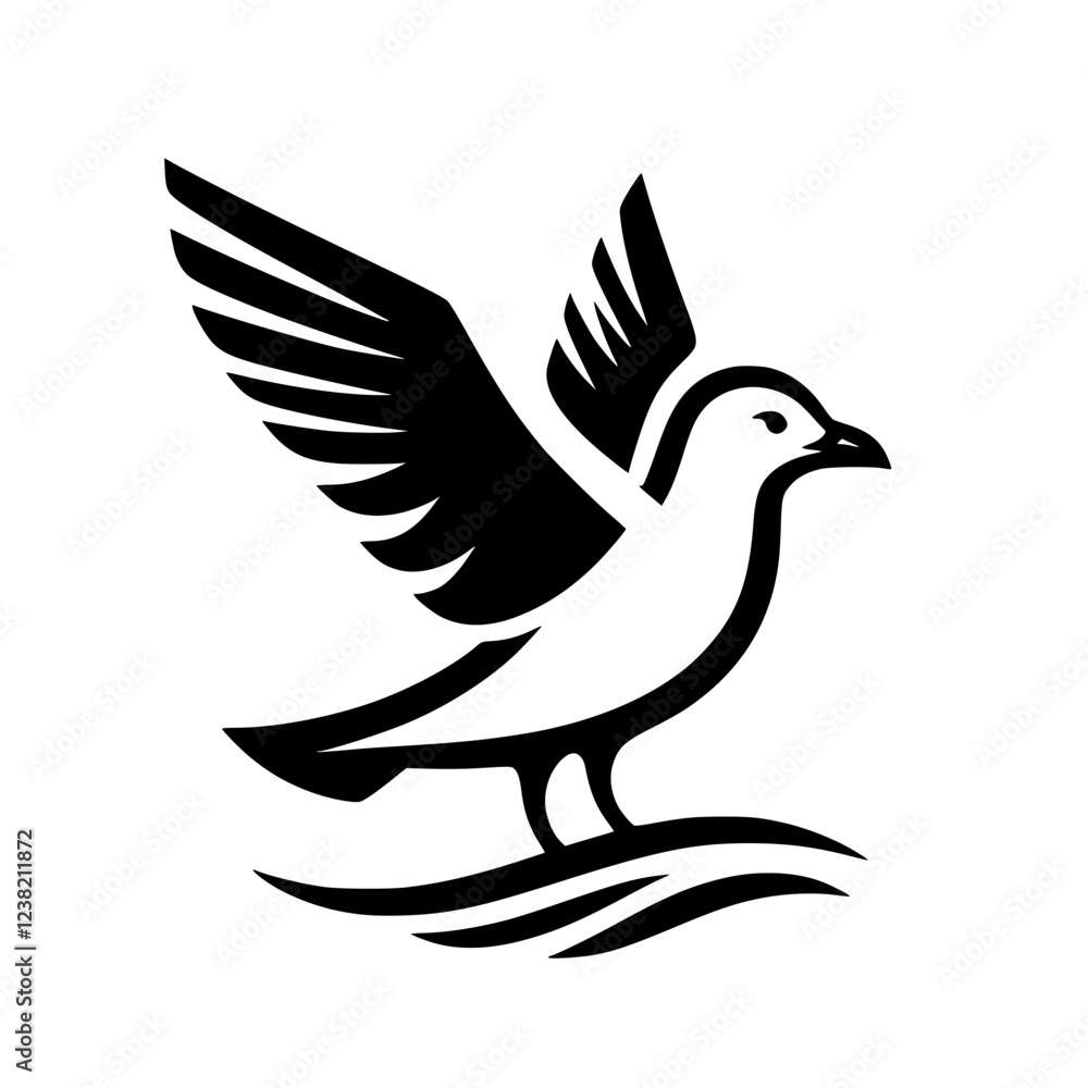 Obraz premium Majestic Seabird in Flight: A Black and White Vector Illustration of a Bird Taking Flight Over Water. Perfect for nature lovers and design projects.