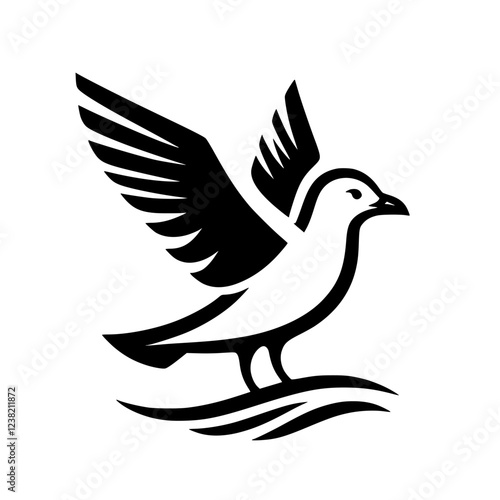 Majestic Seabird in Flight: A Black and White Vector Illustration of a Bird Taking Flight Over Water. Perfect for nature lovers and design projects.
