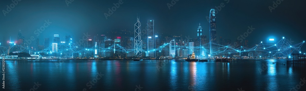 Fototapeta premium Futuristic cityscape at night with digital network overlay.