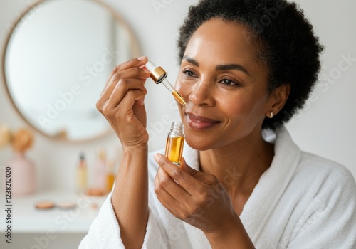 Smiling middle-aged African-American woman with glowing skin applies a luxurious face serum with a dropper in bathroom mirror reflection. photo