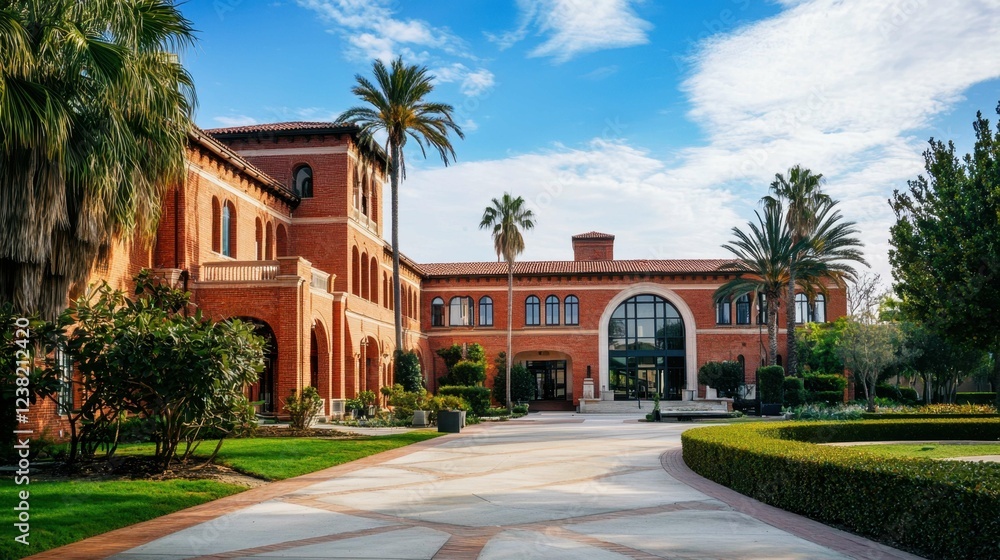 Fototapeta premium Elegant Architecture of Historic Building Surrounded by Lush Greenery