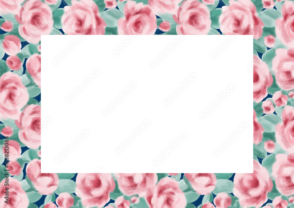 Obraz premium 水彩タッチで描いたふんわりした薔薇の花の模様の四角い余白のカードフレーム