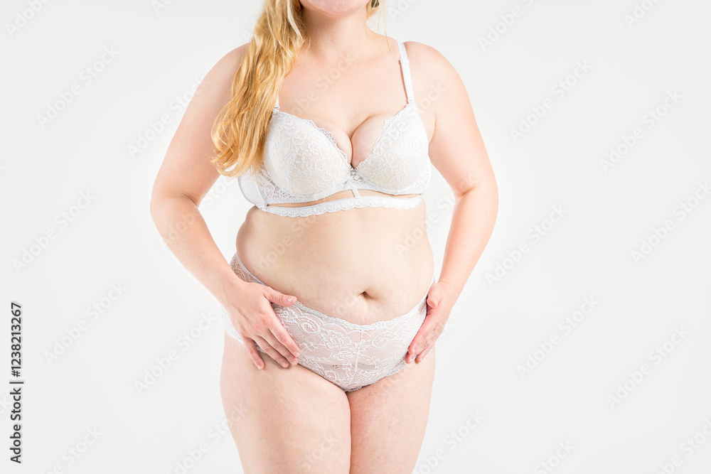 Obraz premium Fat woman in white underwear on gray background, overweight female, obesity body, weight loss concept