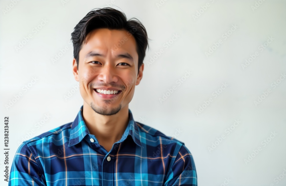 Happy Asian man smiles confidently. Adult male wearing casual blue plaid shirt. Portrait shot against white background. Friendly expression. Successful and mature appearance. Happy Asian man smiles confidently. Adult male wearing casual blue plaid shirt. Portrait shot against white background. Friendly expression. Successful and mature appearance.