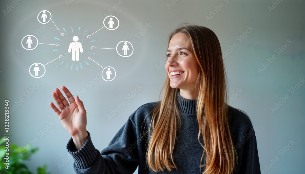 Woman interacts with digital network of people. Looks happy, involved. Illustration shows modern tech concept. Possible themes include HR management, virtual collaboration in digital space. Woman Woman interacts with digital network of people. Looks happy, involved. Illustration shows modern tech concept. Possible themes include HR management, virtual collaboration in digital space. Woman