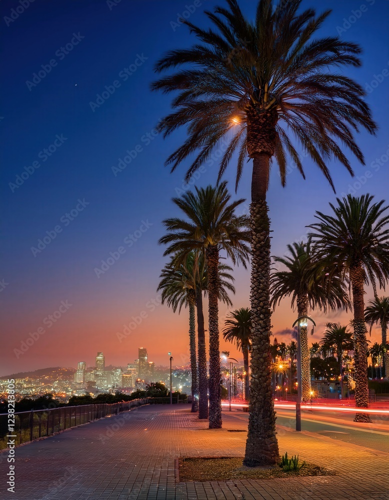Obraz premium Palm trees illuminated by warm golden streetlights create a stunning atmosphere as a vibrant city skyline glimmers in the twilight, inviting moments of relaxation and adventure