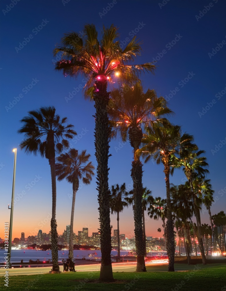 Obraz premium Palm trees bask in the glow of warm golden streetlights as twilight descends over a lively city. The vibrant urban backdrop invites relaxation and an escape to a beachside paradise