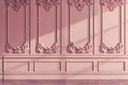 Ornate Pink Wall with Classical Molding and Sunlight

