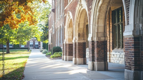 Serene College Campus Walkway with Arched Architecture and Trees